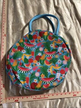 Colorful Round Tote Bag with Tropical Fruit Print - Blue